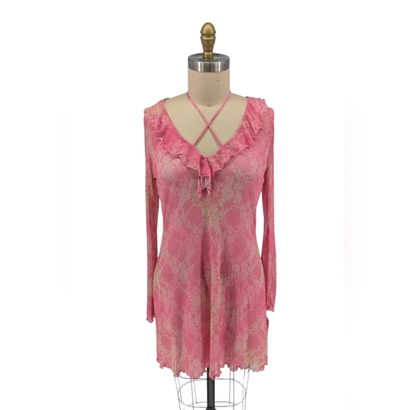 00778 H&M H&M Floral Ruffle Mesh Dress Pink size Medium coastal cowgirl bohemian - Picture 1 of 8